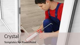  Presentation with joints - Theme having seals - young worker sealing joints background and a soft green colored foreground