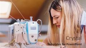  Presentation with sewing machine - PPT theme featuring seamstress-dressmaker-woman-working background and a coral colored foreground