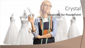  Presentation with thinking - PPT theme having seamstress-holding-scissors-in-front background and a white colored foreground