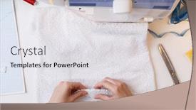  Presentation with sewing - Amazing PPT layouts having seamstress prepares fabric for sewing backdrop and a white colored foreground