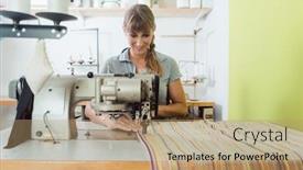  Presentation with machine shop - Slide set featuring seamstress-sews-colorful-decorative-fabric background and a coral colored foreground