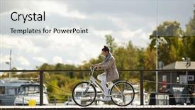  Presentation with motion - Colorful presentation enhanced with seaport - serious concentrated young woman backdrop and a  colored foreground