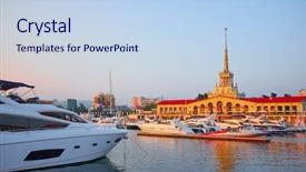  Presentation with seaport - Beautiful PPT theme featuring seaport building with mooring boats backdrop and a sky blue colored foreground