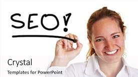  Presentation with business remote work - Theme featuring search engine optimization - smiling business woman writing background and a sky blue colored foreground