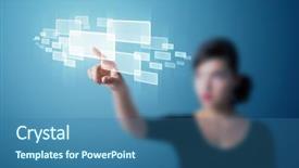  Presentation with modern tech - Slide set enhanced with search network connection - businesswoman pressing high tech type background and a ocean colored foreground