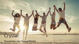  Presentation with beach party - Beautiful presentation theme featuring search party - friends jumping on the beach backdrop and a coral colored foreground
