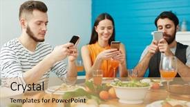  Presentation with three - Colorful presentation theme enhanced with search party - three young people with gadgets backdrop and a coral colored foreground