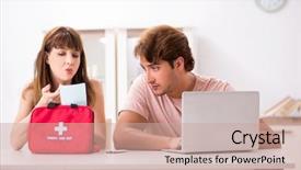  Presentation with first aid kit - Presentation featuring search rescue - young family getting treatment background and a coral colored foreground
