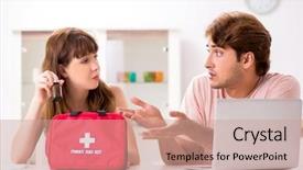  Presentation with first aid kit - Colorful slide set enhanced with search rescue - young family getting treatment backdrop and a coral colored foreground