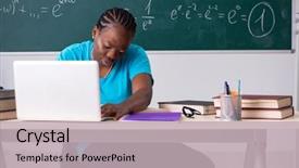  Presentation with black chalkboard chalk dust - Slides featuring search sientific - black female student in front background and a  colored foreground