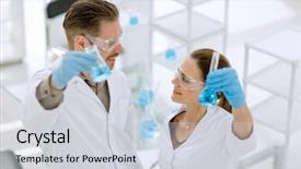  Presentation with search - Slide set featuring search sientific - happy scientist and assistant show background and a light gray colored foreground