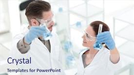  Presentation with search - Slides having search sientific - happy scientist and assistant show background and a sky blue colored foreground