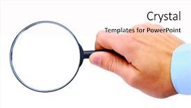  Presentation with blonde holding magnifying glass - Beautiful presentation theme featuring search sientific - magnifying glass in hand backdrop and a sky blue colored foreground