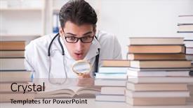  Presentation with medical student - PPT theme having search sientific - medical student preparing for university background and a  colored foreground