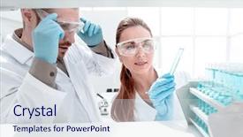  Presentation with laboratory - PPT theme enhanced with two researchers conduct laboratory studies background and a sky blue colored foreground
