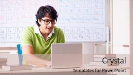  Presentation with periodic table - Presentation design featuring search sientific - young male student chemist background and a soft green colored foreground