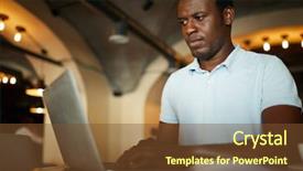  Presentation with laptop - Slide deck consisting of searching data in the net background and a  colored foreground