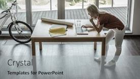  Presentation with ideas - Presentation featuring searching for fresh ideas top view of young woman using computer and phone while standing in the creative office near the window in sunny day background and a light gray colored foreground