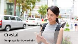 Presentation with gps - PPT layouts featuring searching right vehicle - woman checking gps on cellphone background and a light gray colored foreground
