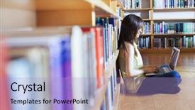  Presentation with library - Presentation design consisting of searching school - young smiling student using her background and a light blue colored foreground