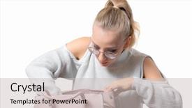  Presentation with woman hands raised to sky - Colorful slides enhanced with searching something - young woman searches backdrop and a  colored foreground