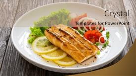  Presentation with steak - PPT theme having seared-calamari-steak-with-lemon background and a coral colored foreground