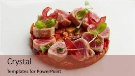  Presentation with hydroponics vegetables hydroponic vegetable - PPT theme consisting of seared tuna on a bed background and a red colored foreground