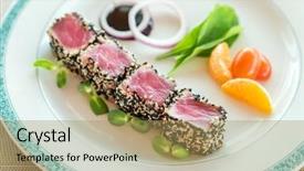  Presentation with green plate - Presentation design with seared tuna with sesame seeds background and a yellow colored foreground