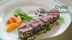  Presentation with green plate - Slide set with seared tuna with sesame seeds background and a light gray colored foreground