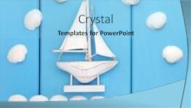  Presentation with seashell - PPT theme enhanced with seashell abstract and sailing boat decoration over blue wood background background and a light blue colored foreground