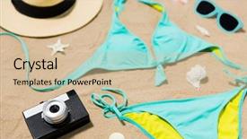  Presentation with travel concept silhouette - PPT layouts consisting of seashells s on beach sand background and a soft green colored foreground