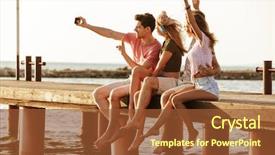  Presentation with seashore - Beautiful PPT theme featuring seashore - picture of group of friends backdrop and a tawny brown colored foreground