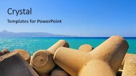  Presentation with seashore - Amazing PPT theme having seashore with concrete breakwater cones backdrop and a light blue colored foreground