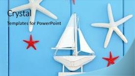  Presentation with shells - Colorful presentation design enhanced with seaside background abstract with starfish cockle shells and boat decoration over blue wood backdrop and a light blue colored foreground