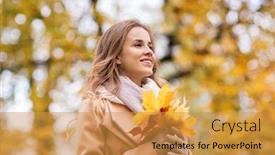  Presentation with maple leaves - Colorful presentation design enhanced with season and people concept - beautiful young woman with maple leaves walking in autumn park backdrop and a gold colored foreground