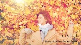  Presentation with season - PPT layouts consisting of season and people concept - beautiful young woman lying on ground and autumn leaves background and a coral colored foreground