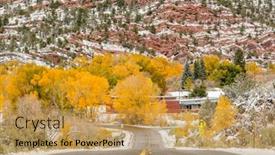 Presentation with changing season - Theme with season changing first snow and autumn trees along wet highway in colorado usa background and a yellow colored foreground