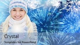  Presentation with firework - Beautiful PPT layouts featuring season christmas holidays and people concept - smiling young woman in winter clothes over firework background backdrop and a teal colored foreground