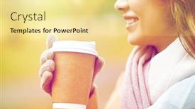  Presentation with tea coffee - Beautiful PPT theme featuring season hot drinks advertisement and people concept - close up of beautiful happy young woman drinking coffee or tea from disposable paper cup in autumn park backdrop and a blonde colored foreground