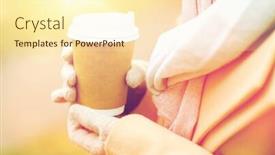  Presentation with tea coffee - Colorful presentation enhanced with season hot drinks advertisement and people concept - close up of woman with coffee or tea disposable paper cup in autumn park backdrop and a cream colored foreground