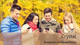  Presentation with smartphones - PPT theme with season people technology and friendship concept - group of smiling friends with smartphones in autumn park background and a coral colored foreground