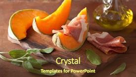  Presentation with sage - Theme with season sage - cantaloupe melon with prosciutto italian background and a tawny brown colored foreground
