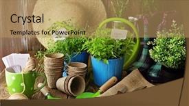  Presentation with sage - Slide deck enhanced with season sage - gardening tools on wooden background background and a coral colored foreground