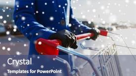  Presentation with consumerism - Slide set with season sale consumerism and people concept - close up of woman with shopping cart on street over snow background and a ocean colored foreground