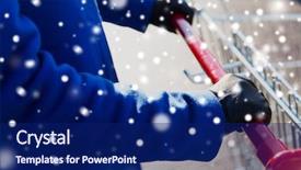  Presentation with consumerism - Theme consisting of season sale consumerism and people concept - close up of woman with shopping cart on street over snow background and a navy blue colored foreground