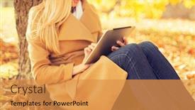  Presentation with season - Presentation theme featuring season technology and people concept - young woman with tablet pc computer in autumn park background and a gold colored foreground