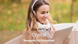  Presentation with computer music - Beautiful slide deck featuring season technology and people concept - beautiful happy young woman with tablet pc computer and headphones listening to music and sitting on bench in autumn park backdrop and a coral colored foreground