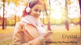  Presentation with music headphones - PPT layouts consisting of season technology and people concept - beautiful happy young woman with headphones listening to music on smartphone walking in autumn park background and a coral colored foreground
