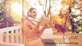  Presentation with computer music - PPT layouts having season technology and people concept - beautiful happy young woman with tablet pc computer and headphones listening to music and sitting on bench in autumn park background and a coral colored foreground