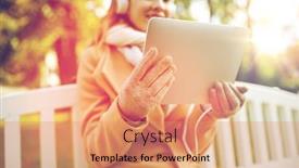  Presentation with computer music - PPT layouts consisting of season technology and people concept - close up of beautiful happy young woman with tablet pc computer and headphones listening to music and sitting on bench in autumn park background and a coral colored foreground
